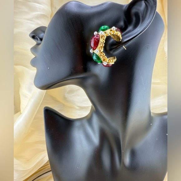 Gemstone Hoop Earrings PVD Gold Plated Stainless Steel with Pearls Natural Stone - Picture 11 of 14